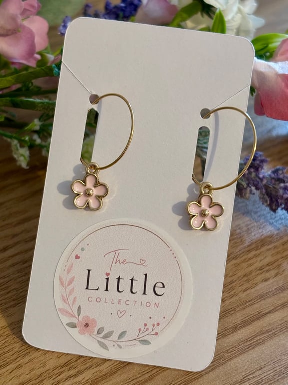 Pink Flower Hoop Earrings, Enamel Floral Charms, Handmade Jewellery