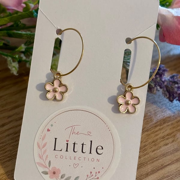 Pink Flower Hoop Earrings, Enamel Floral Charms, Handmade Jewellery