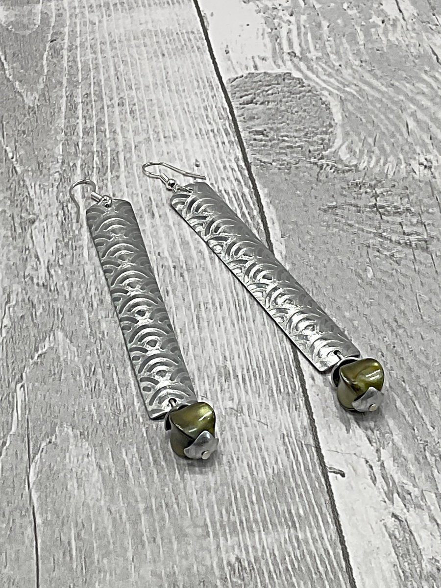 Rectangular Tubed Aluminium Tin Dangle Earrings - Vintage Green Rondelle Beads