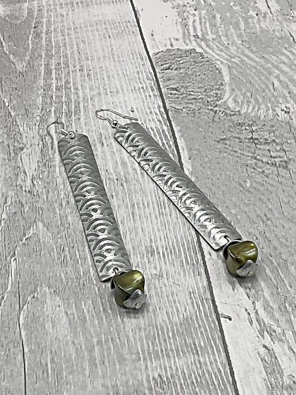 Rectangular Tubed Aluminium Tin Dangle Earrings - Vintage Green Rondelle Beads