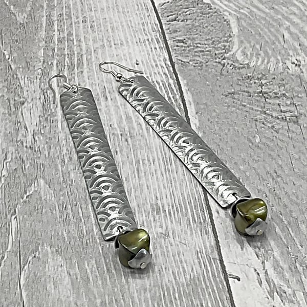 Rectangular Tubed Aluminium Tin Dangle Earrings - Vintage Green Rondelle Beads
