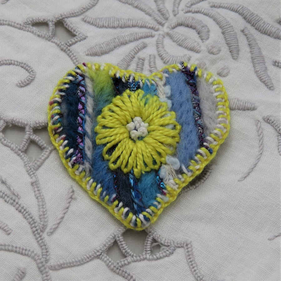 Brooch - Yellow Flower on Blue Felted Heart