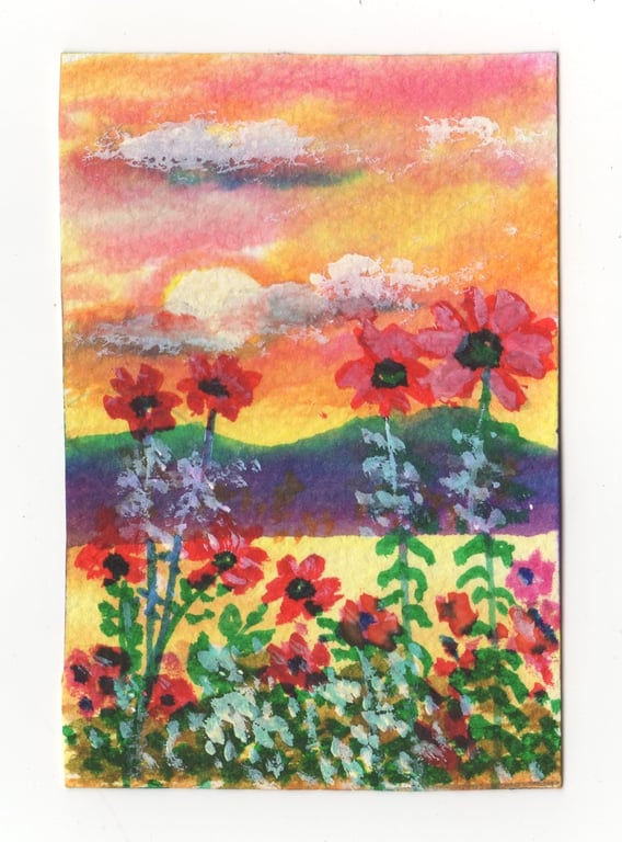 Aceo, Mini Landscape. Red Sky, Original Watercolour - Size 3.5 x 2.5''
