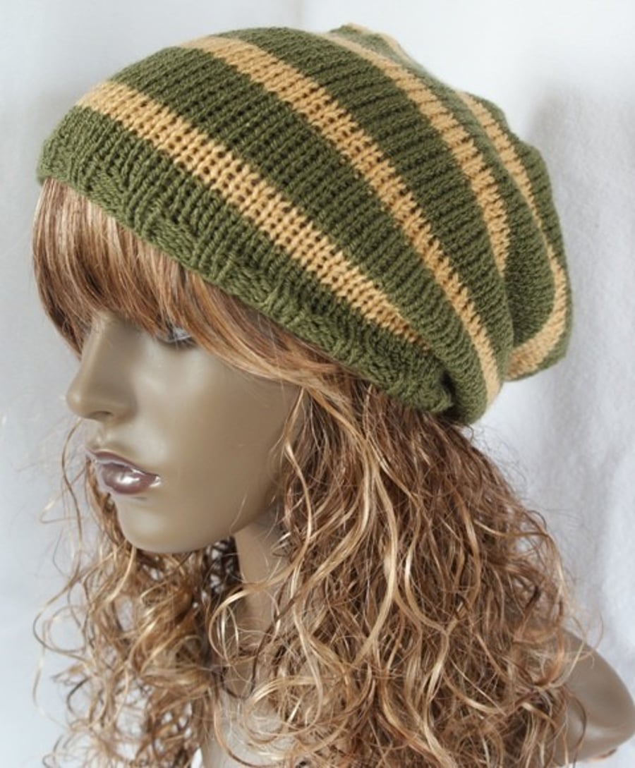 Unisex Slouchy Beanie, Mens, Womens, Hand Knitted, Tam, Dreads, Hat, Stripey 
