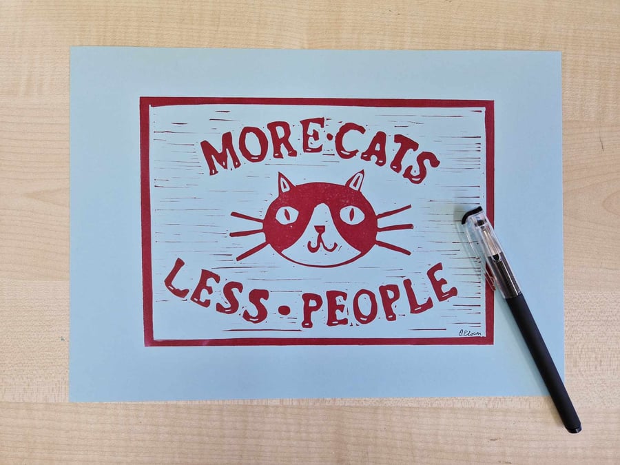 More Cats Less People. A4 Lino Print. - Folksy