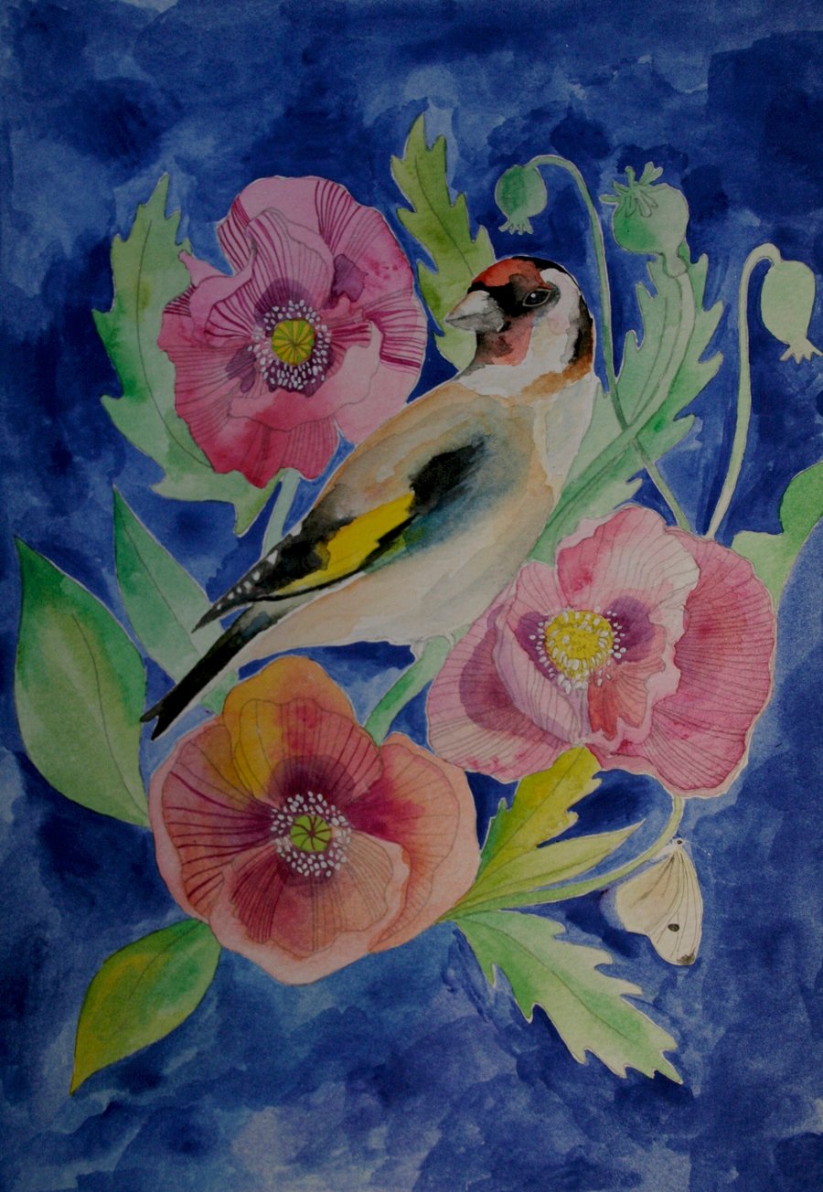 Goldfinch & Poppies, Original Watercolour and Gouache Painting