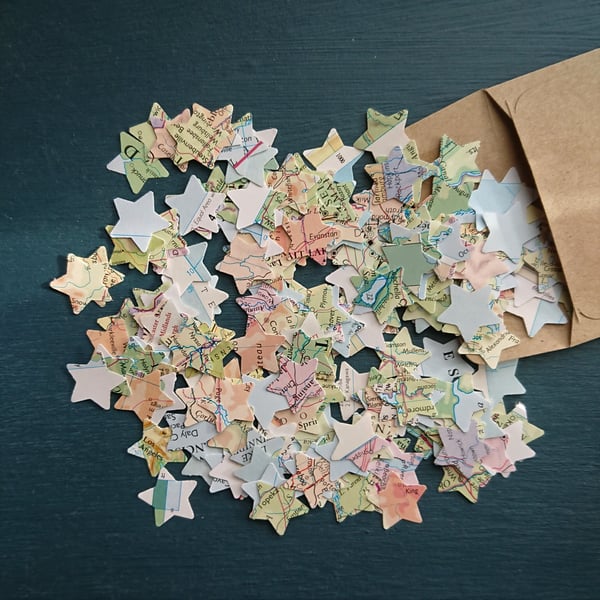Paper stars table confetti - vintage world atlas remnants - packet of 200