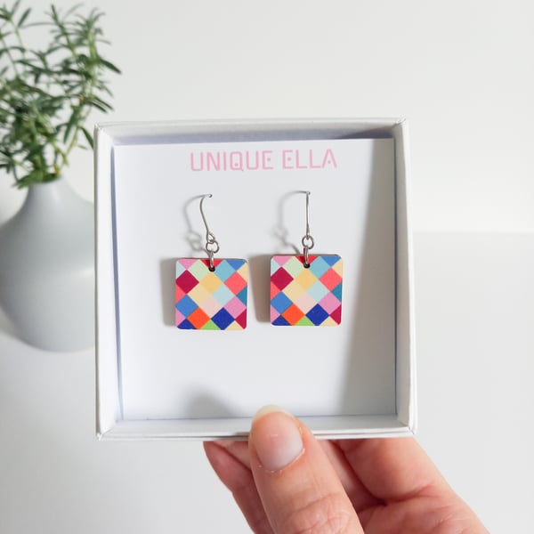 Choi Square Drop Earrings, Colourful Print Wooden Earrings, Sustainable Gift