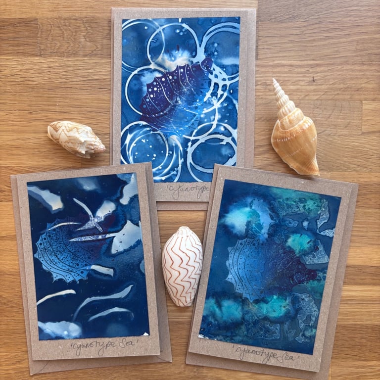 Cyanotype Sea 2  - Linocut and Cyanotype Cards with envelopes - Pack of 3 