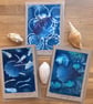 Cyanotype Sea 2  - Linocut and Cyanotype Cards with envelopes - Pack of 3 
