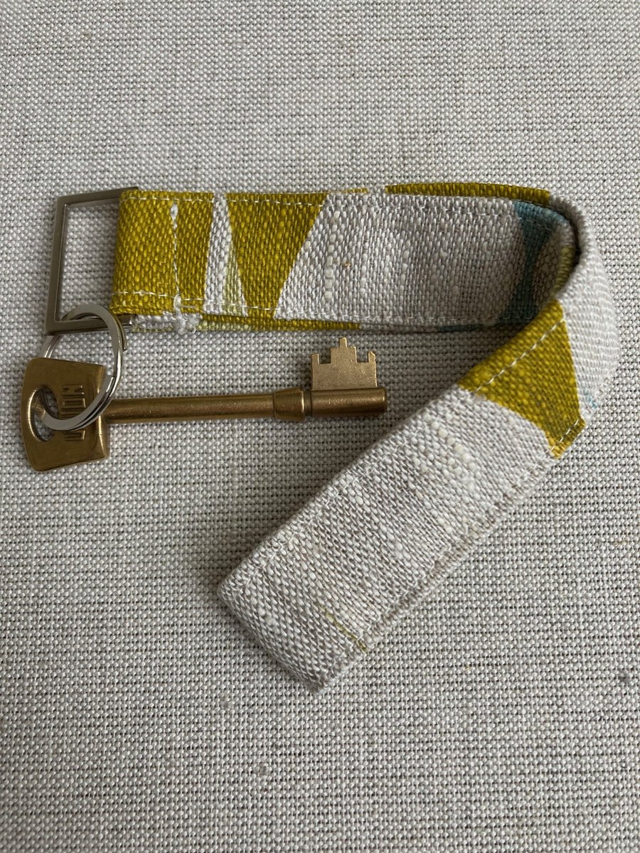 SECONDS SALE - Linen fabric Key ring - Key loop. Ochre, blue