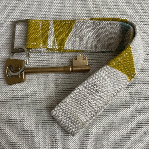 Perfectly Imperfect - Linen fabric Key ring - Key loop. Ochre, blue