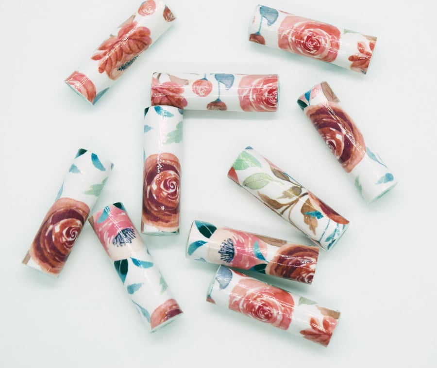 10 Pink and Red Roses Pattern Paper Beads  PB05
