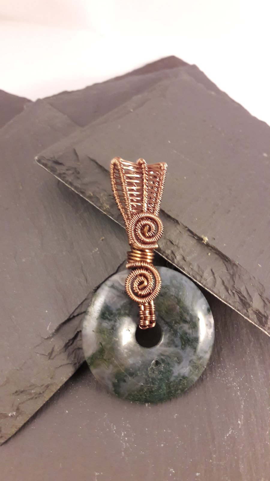 Moss Agate Wire Wrapped Reversible Donut Pendant