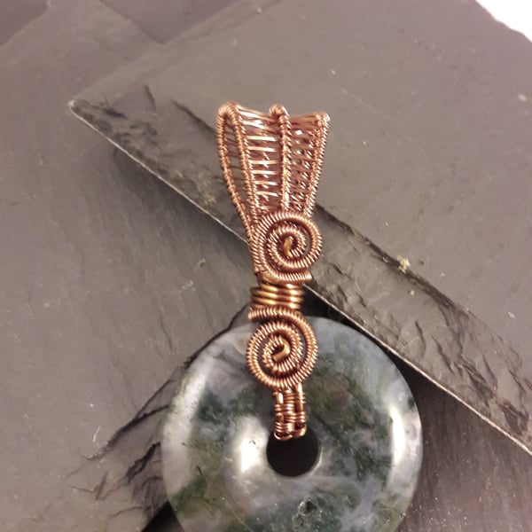 Moss Agate Wire Wrapped Reversible Donut Pendant