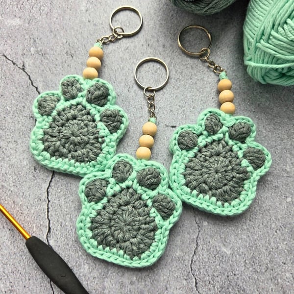 Crochet Paw Print Keyring In Mint & Grey - Pet Lover Gift