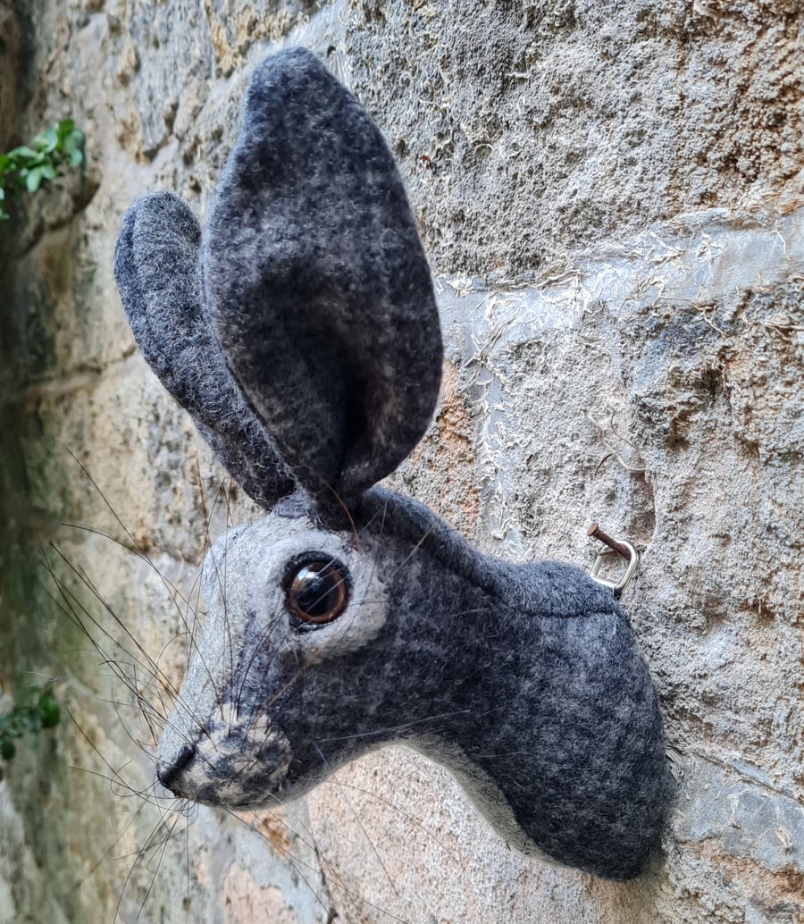 Faux hare head wall mount in grey tweed