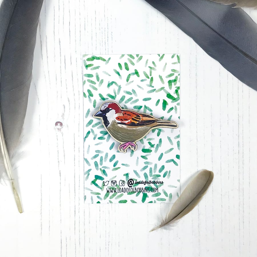 Sparrow Wooden Illustrated Brooch