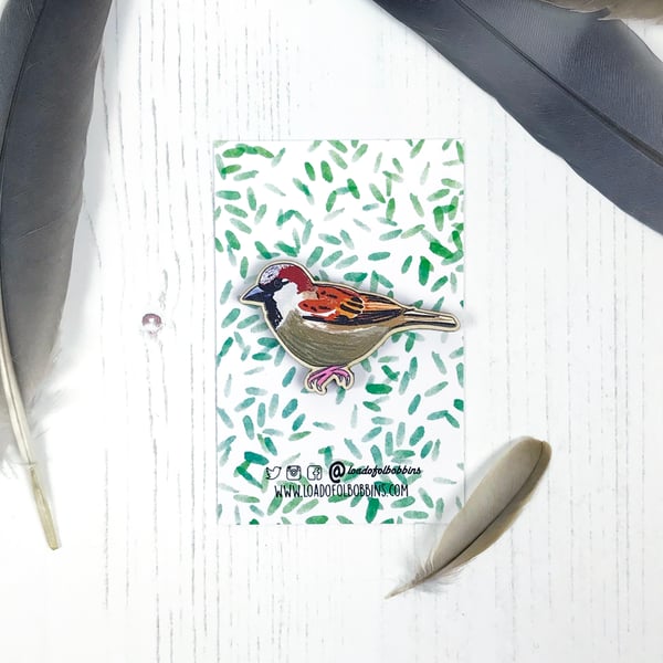 Sparrow Wooden Illustrated Brooch