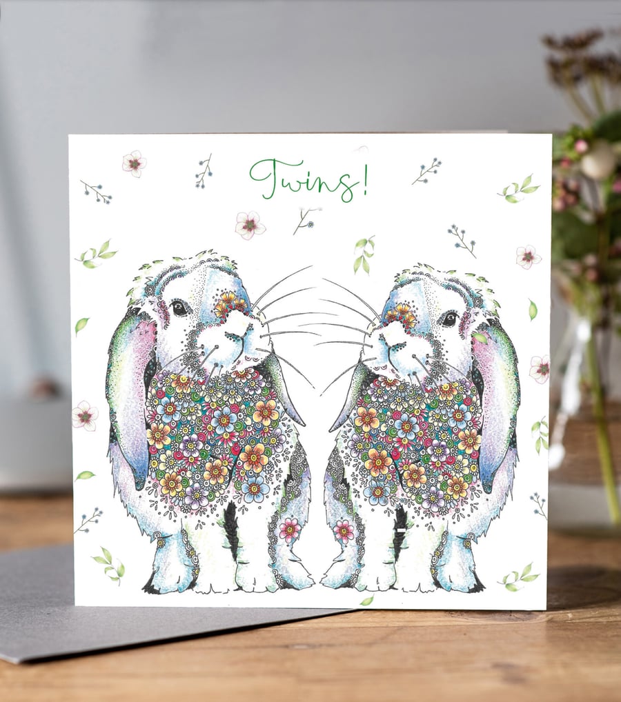Twin bunnies greeting card 