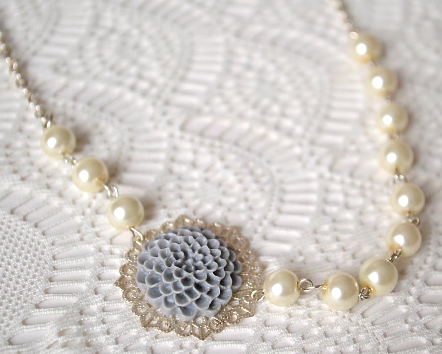 Sale! 20% off! Vintage Inspired Necklace with Pearls and Grey Dahlia