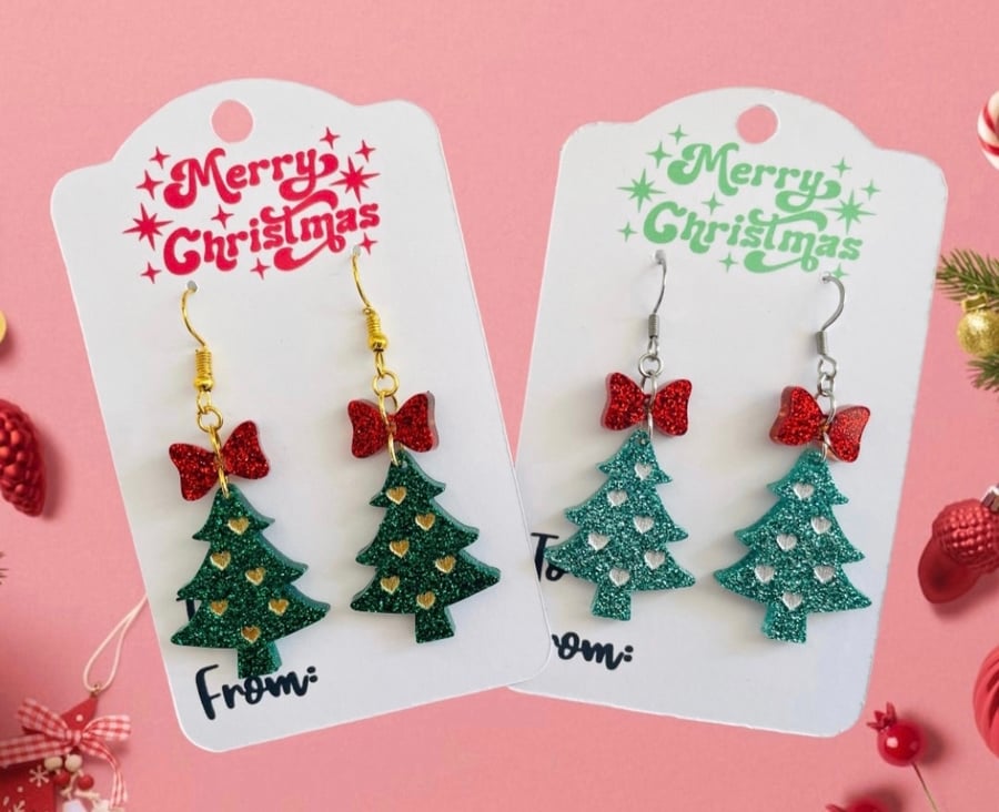 Christmas tree drop earrings, Christmas jewellery, stocking filler for her