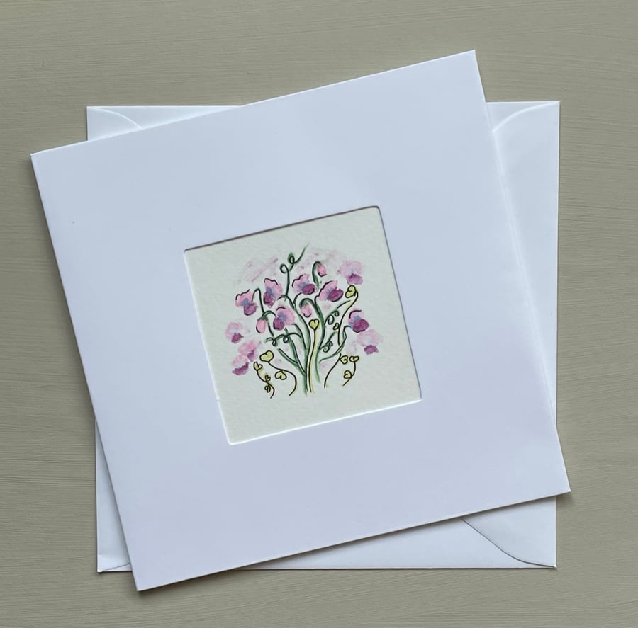 Hand Painted Flower Greeting Or Keepsake Card Sweet Pea Original Art.