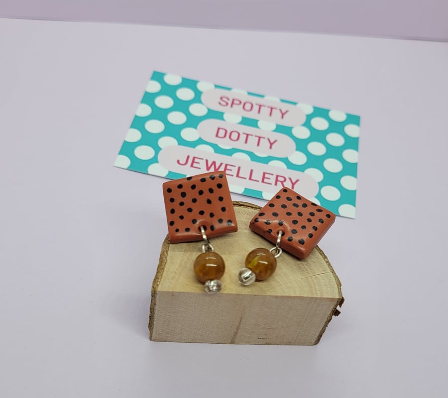Terracotta Square Polymer Clay Stud Earring with bead detail. 