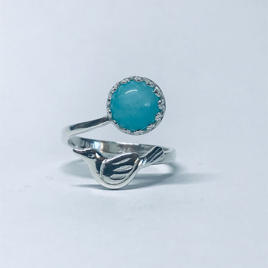 Silver bird amazonite ring adjustable size