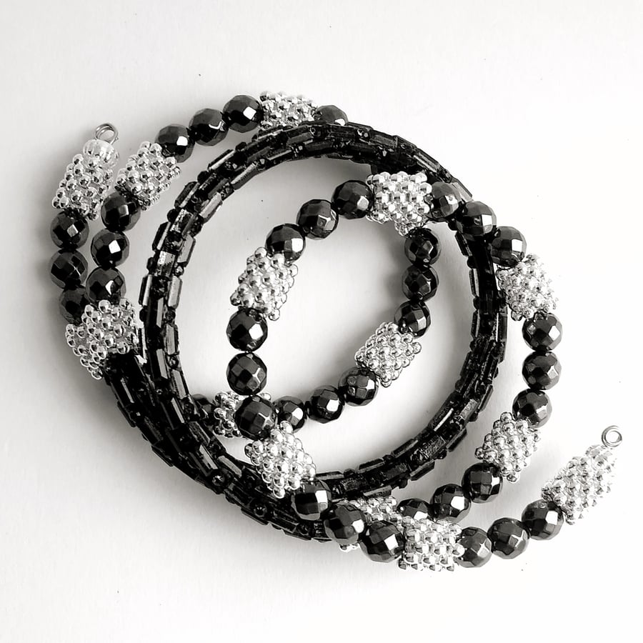 Black & Silver Multi Wrap Memory Wire Gemstone Stacker Cuff Bracelet
