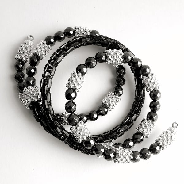 Black & Silver Multi Wrap Memory Wire Gemstone Stacker Cuff Bracelet