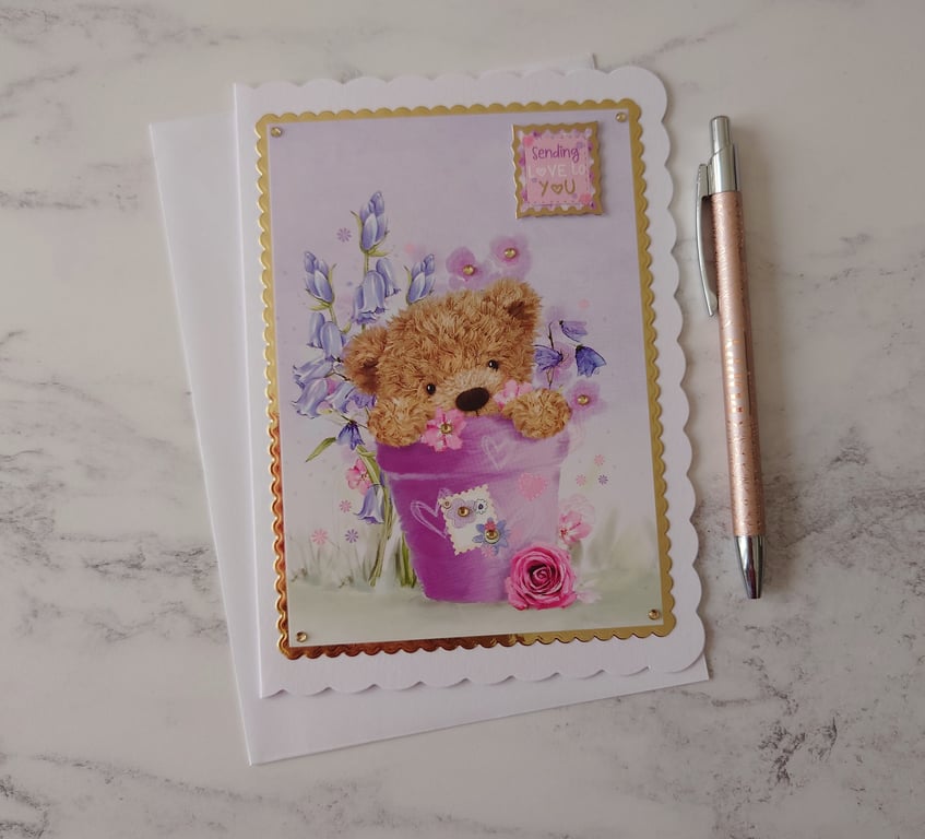 Sending Love To You Teddy Bear Garden Pot 3D Luxury Handmade Card