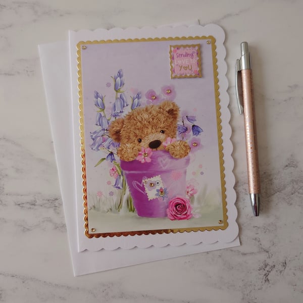 Sending Love To You Teddy Bear Garden Pot 3D Luxury Handmade Card