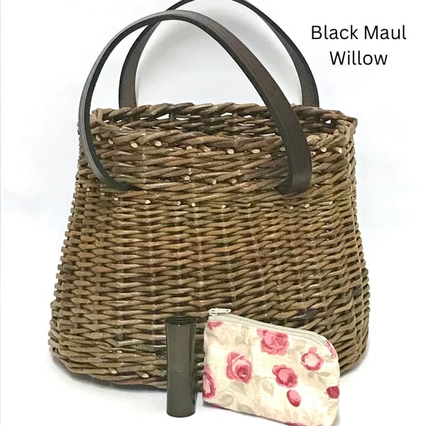 Willow Basket or Handbag with English Leather Handles - Handmade in Cornwall 634
