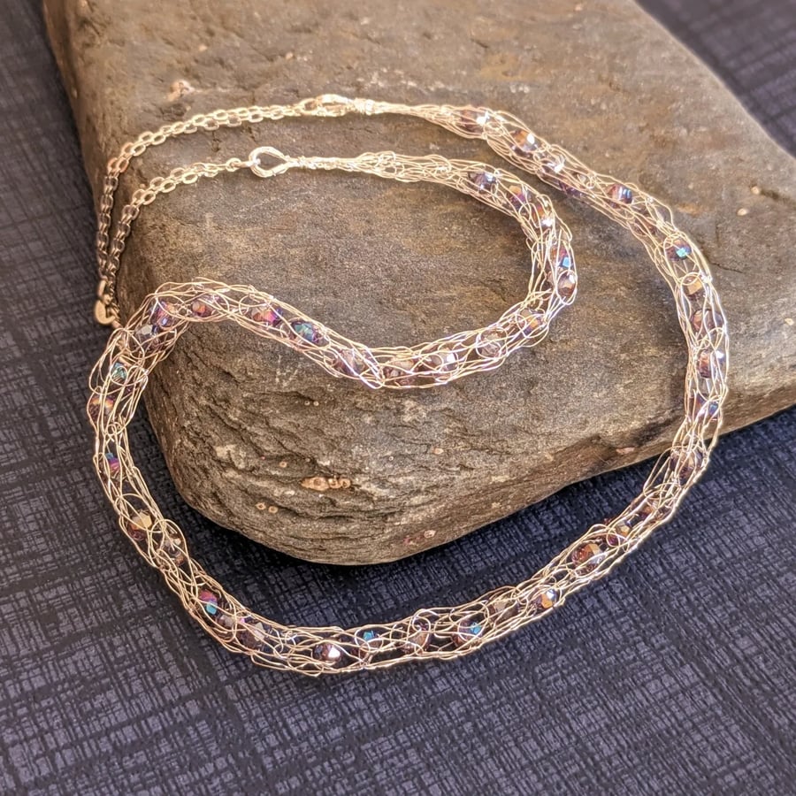 Crochet Fine Silver and Czech Glass Beaded Necklace