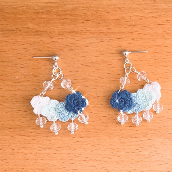 Microcrochet Flower Cloud Crystal Glass Beads Stud Drop Earrings 
