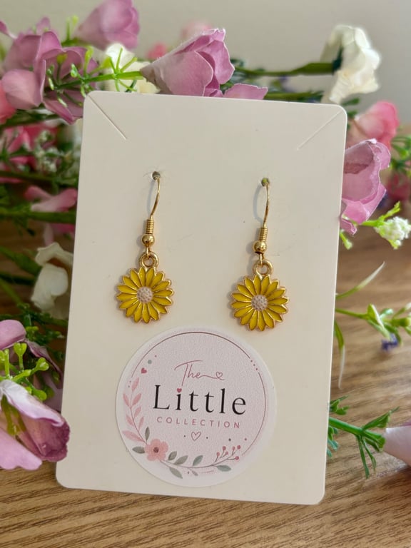 Yellow Flower Dangle Earrings, Enamel Floral Charms, Handmade Jewellery
