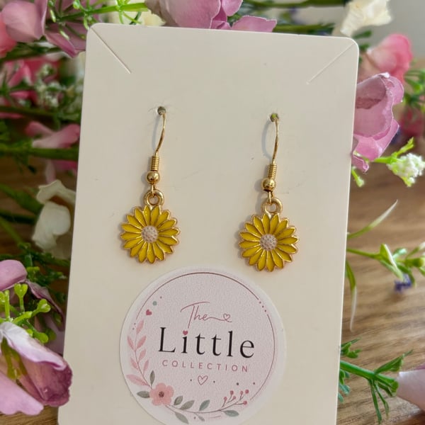 Yellow Flower Dangle Earrings, Enamel Floral Charms, Handmade Jewellery