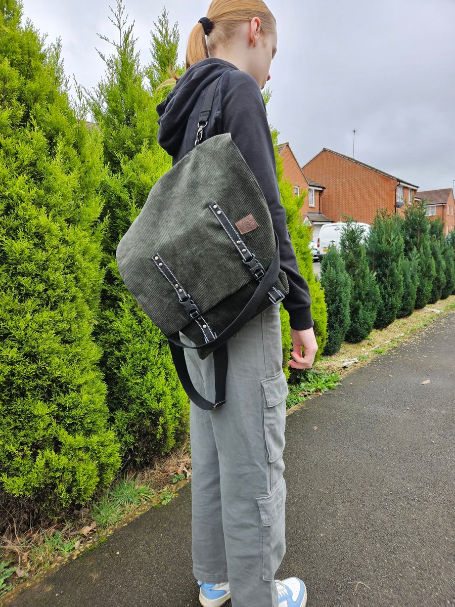 Backpack handmade from corduroy in deep dark green, ideal bag for school or work