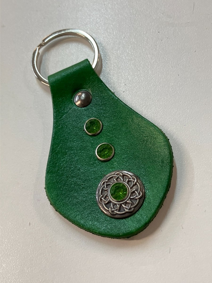 Green Leather Keyring with Celtic Design & 3 Green Gemstones