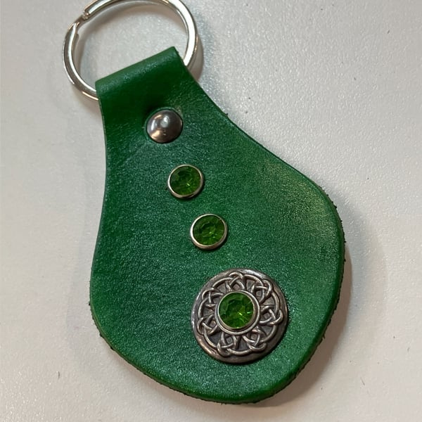 Green Leather Keyring with Celtic Design & 3 Green Gemstones
