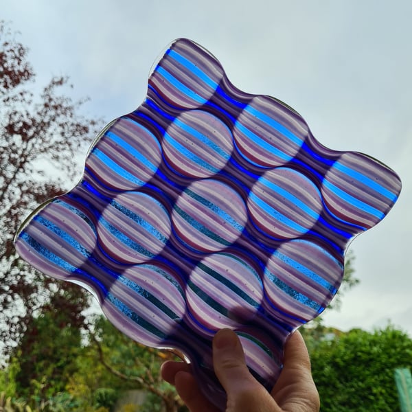Large fused glass blue, pink and lilac dish