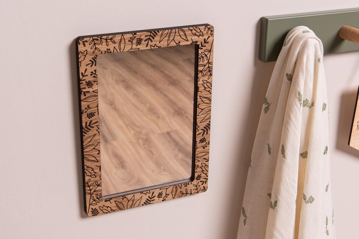 Woodland Leaf Engraved Mirror in Oak. Kid's Safety (Acrylic) Mirror.