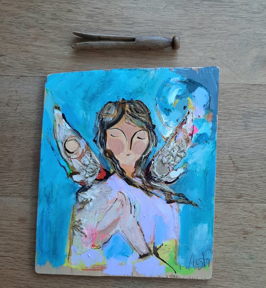 ' Moth fairy ' mixed media painting on reclaimed wood