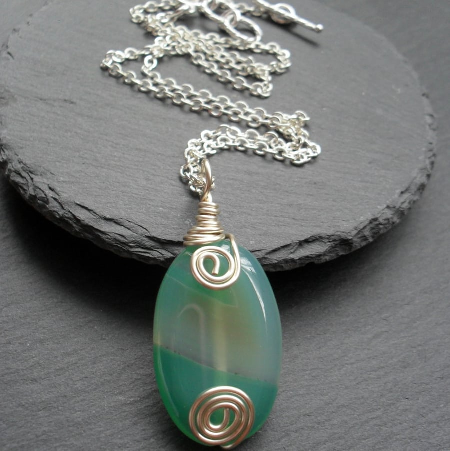 Green Agate Pendant Wire Wrapped Silver Tone