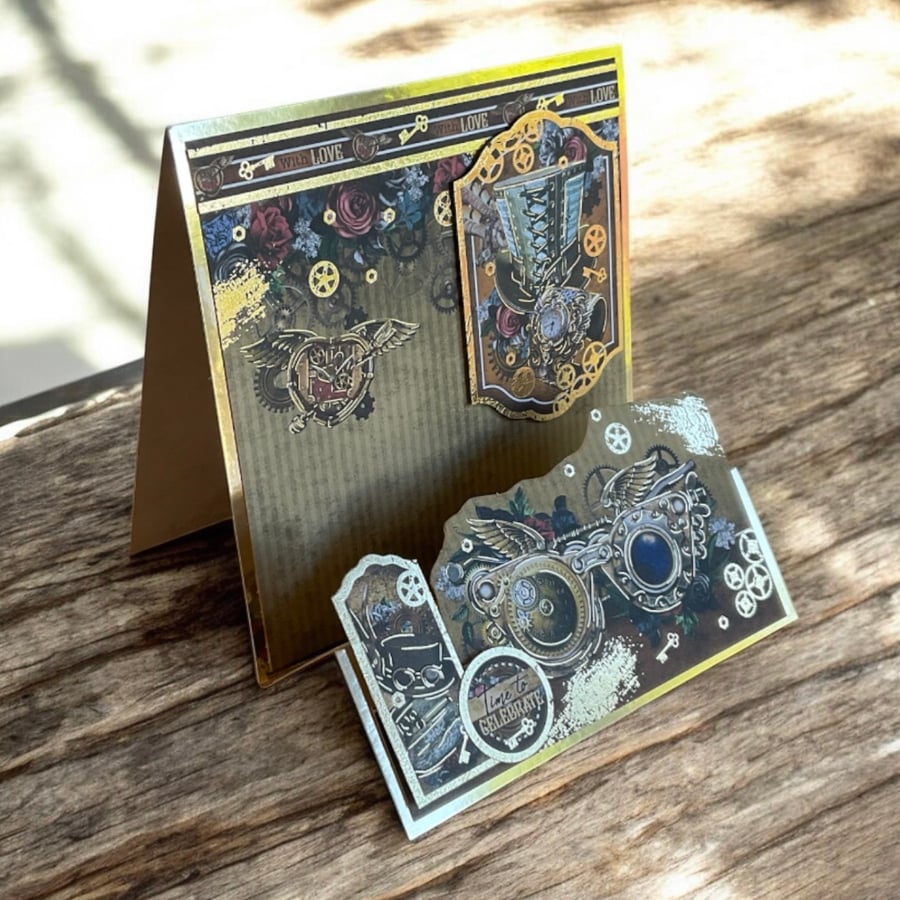Steampunk Stepper Birthday Card. Steampunk Celebration Card.