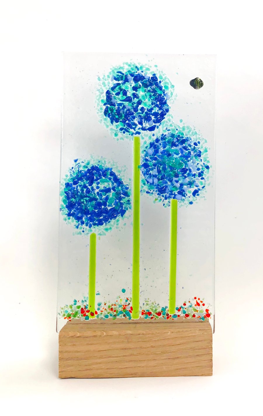 Glass floral allium panel with stand and bee