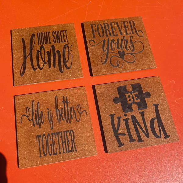  Set of 4 Wooden Engraved Coasters – Rustic Drinks Coasters – Quirky Gift Idea