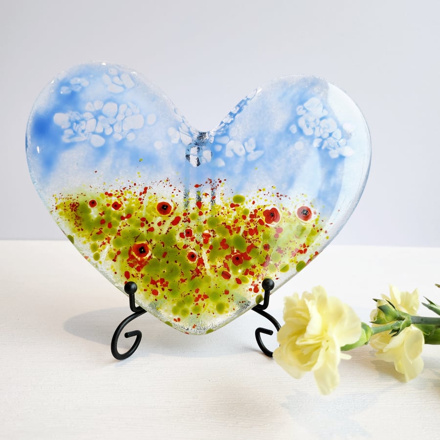 Large fused glass cast heart with black stand