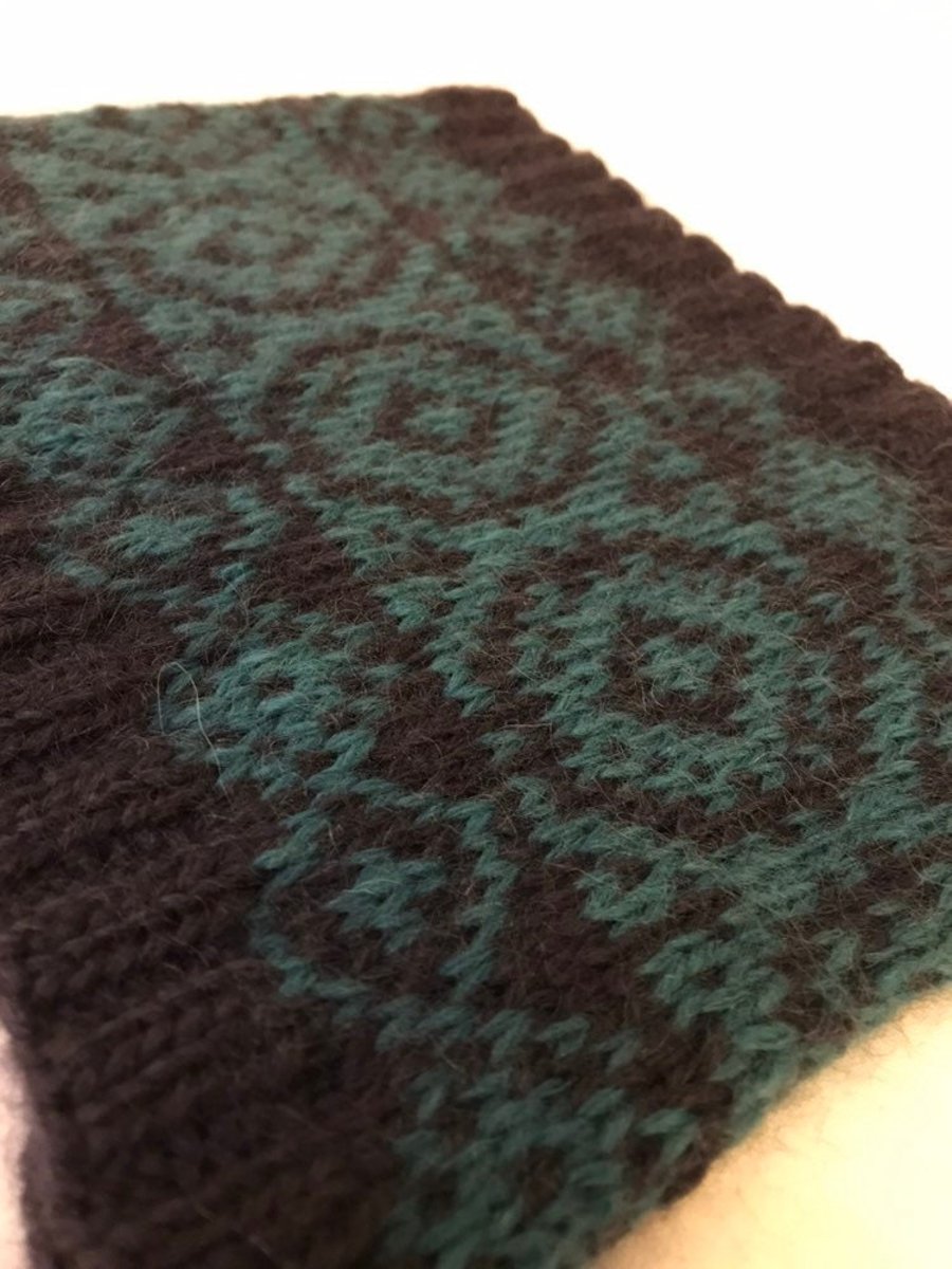 Hand knitted cowl, navy and teal